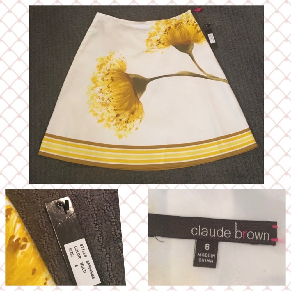 NWT Claude Brown Yellow Flower Skirt Sz 6   🌴